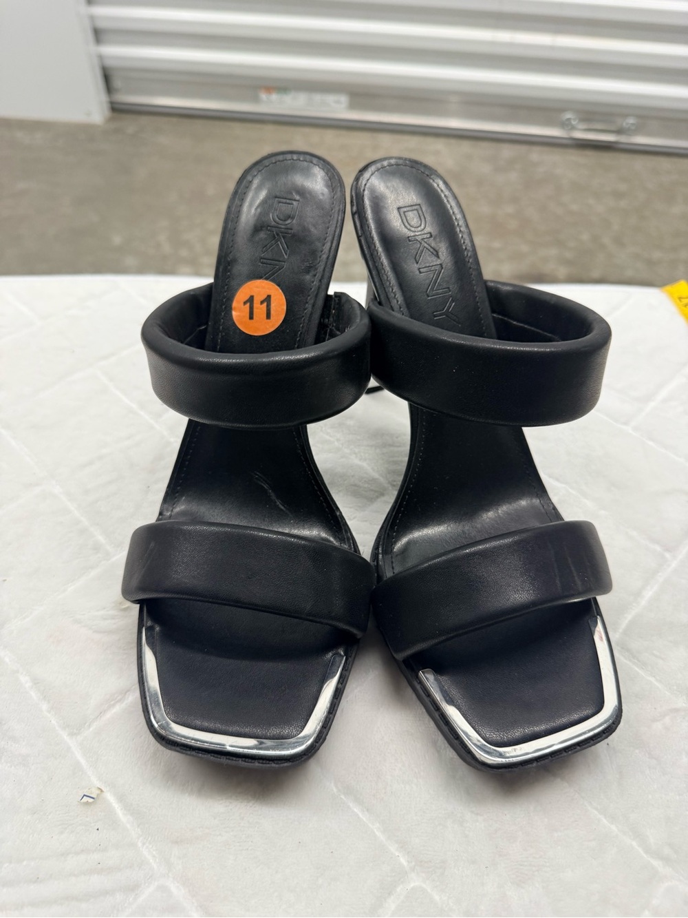 DKNY Black Double-Strap Square-Toe Heeled Sandals with Silver Trim